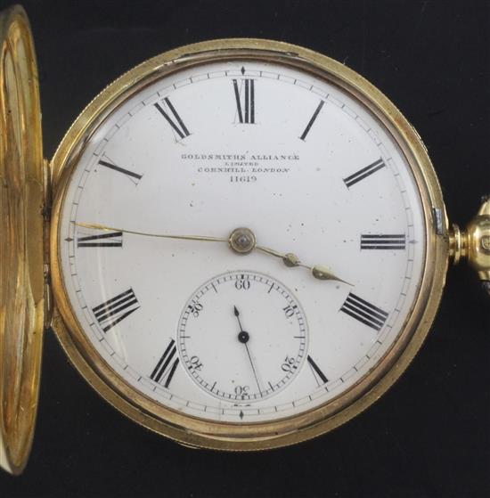 A Victorian 18ct gold half hunter pocket watch, by The Goldsmiths Alliance, London,